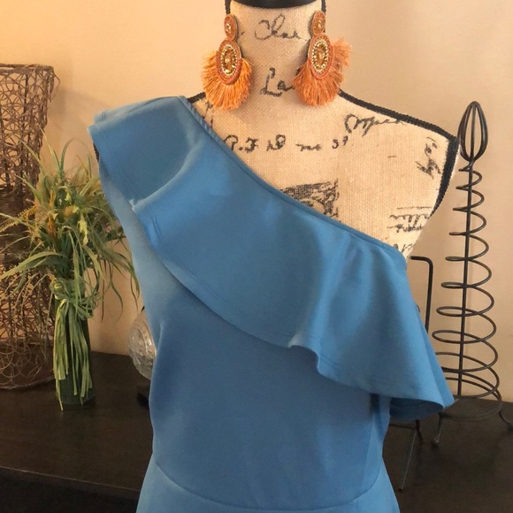 🔵Slate Blue Curvy One Shoulder Ruffle Dress - Picture 2 of 7